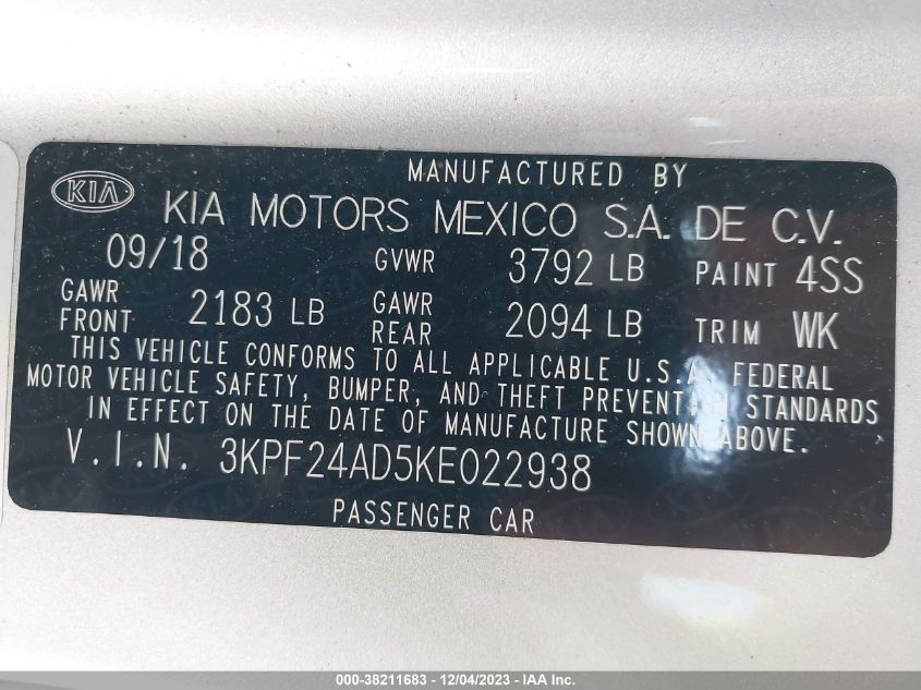 2019 KIA FORTE FE/LX/LXS - 3KPF24AD5KE022938