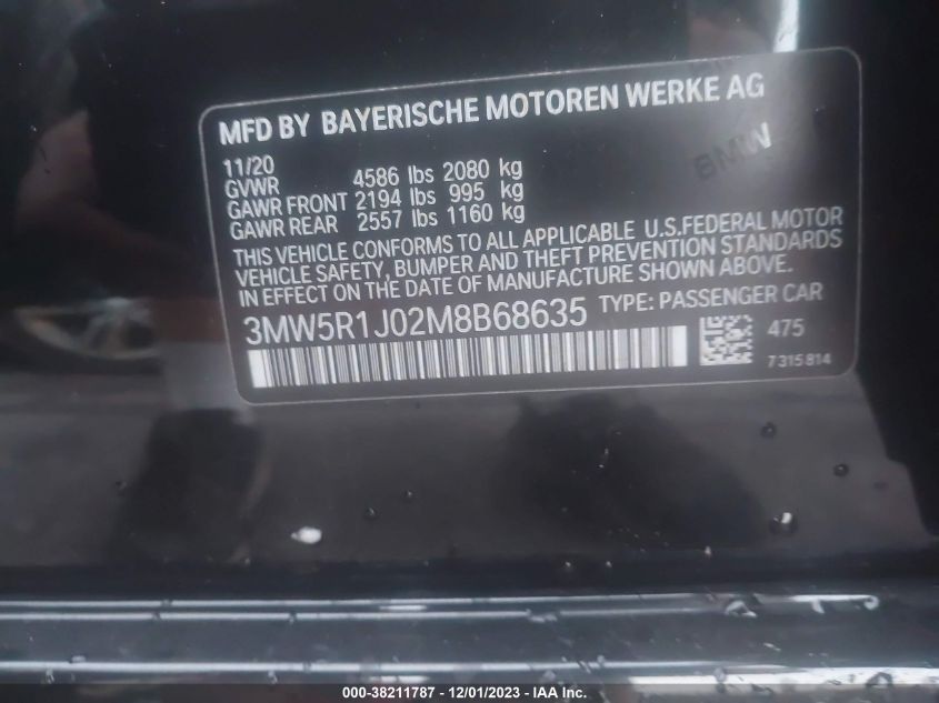 2021 BMW 330I 3MW5R1J02M8B68635