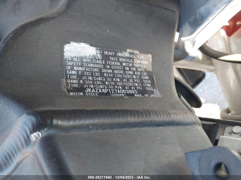 2007 KAWASAKI ZX600 P JKAZX4P127A003893