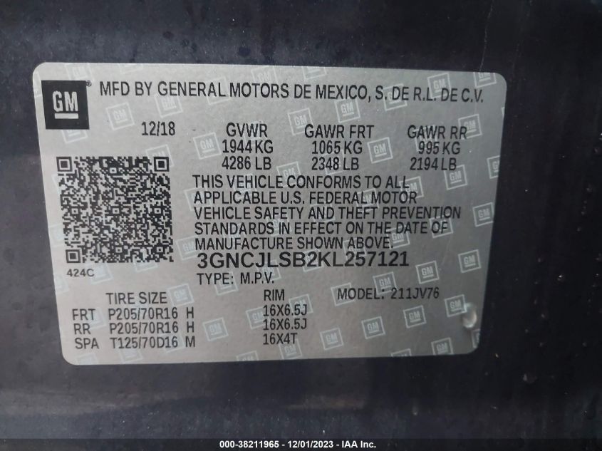 2019 CHEVROLET TRAX 1LT - 3GNCJLSB2KL257121
