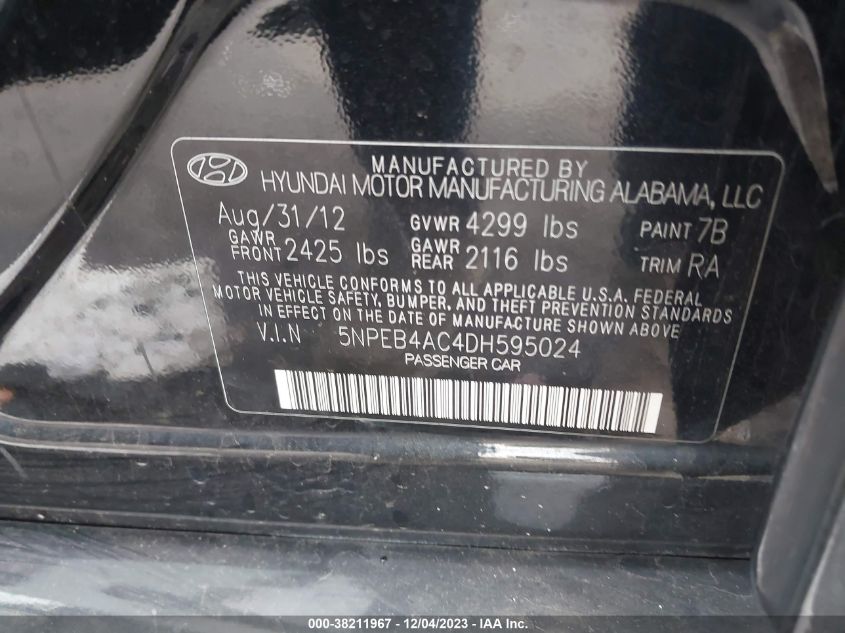 2013 HYUNDAI SONATA GLS - 5NPEB4AC4DH595024