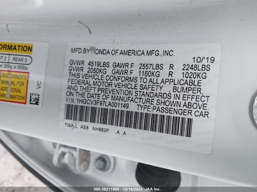 2020 HONDA ACCORD HYBRID TOURING - 1HGCV3F97LA001149