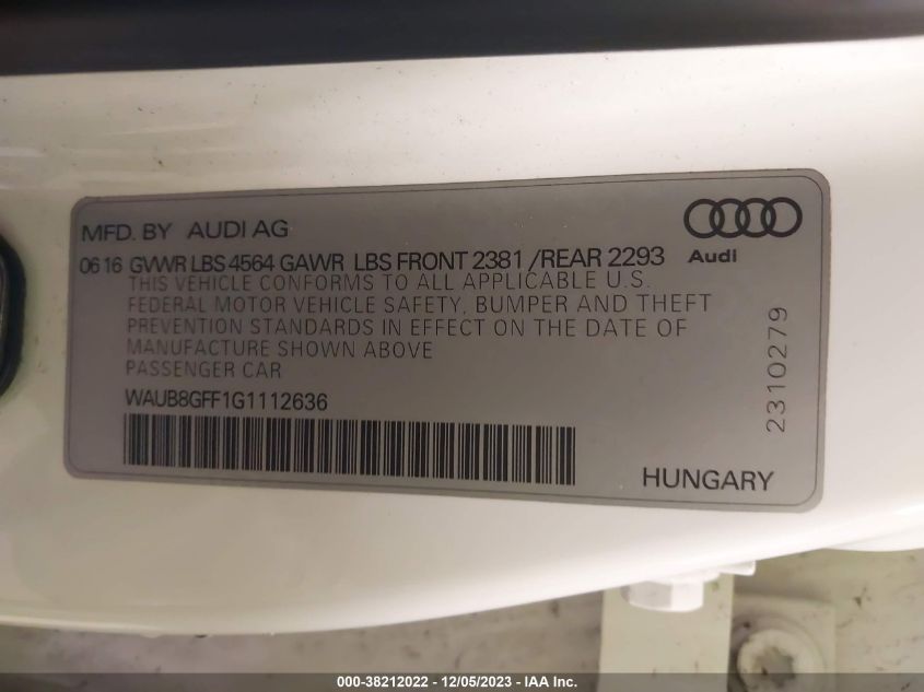 2016 AUDI A3 2.0T PREMIUM - WAUB8GFF1G1112636