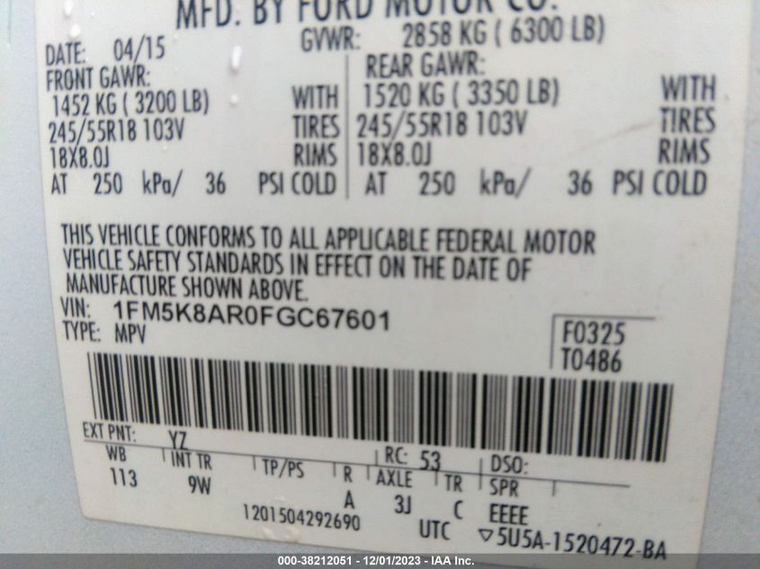 2015 FORD UTILITY POLICE 1FM5K8AR0FGC67601
