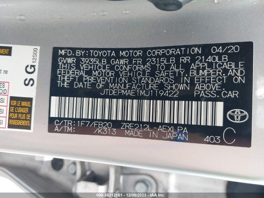 2021 TOYOTA COROLLA LE - JTDEPMAE1MJ119422