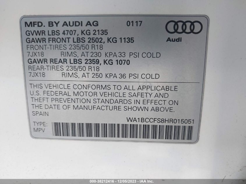 2017 AUDI Q3 PREMIUM - WA1BCCFS8HR015051