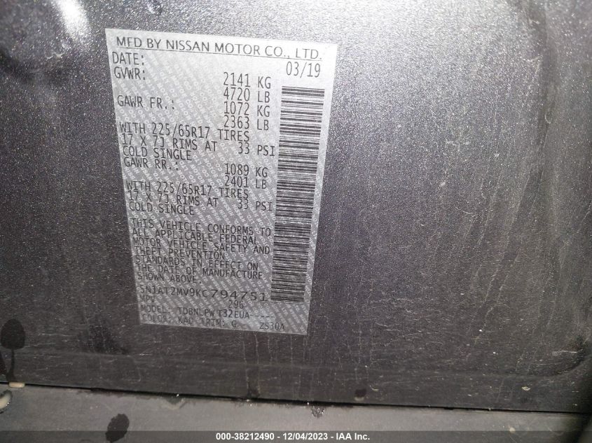VIN 5N1AT2MV9KC794751 2019 NISSAN ROGUE S/SL/SV