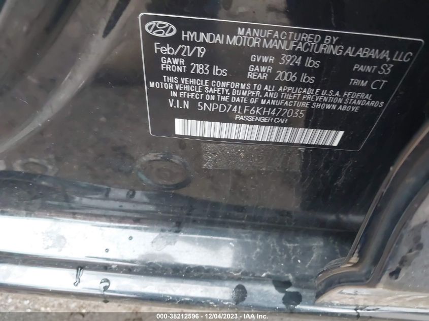 2019 HYUNDAI ELANTRA SE - 5NPD74LF6KH472035