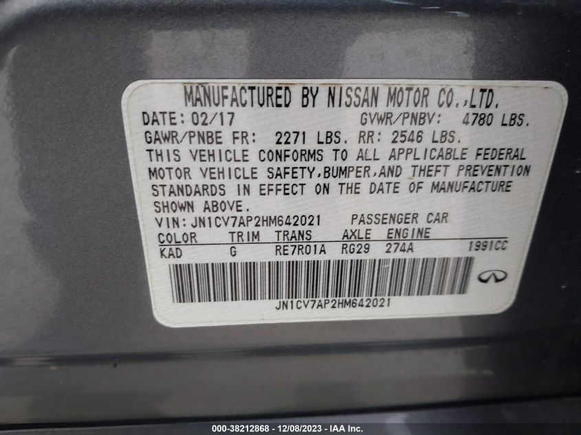 2017 INFINITI Q50 PREMIUM - JN1CV7AP2HM642021