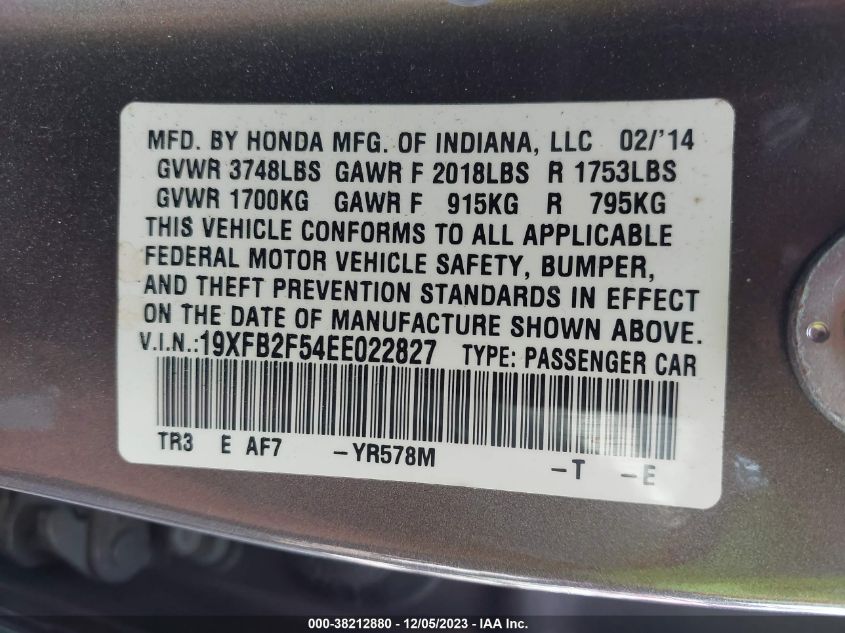 19XFB2F54EE022827 | 2014 HONDA CIVIC