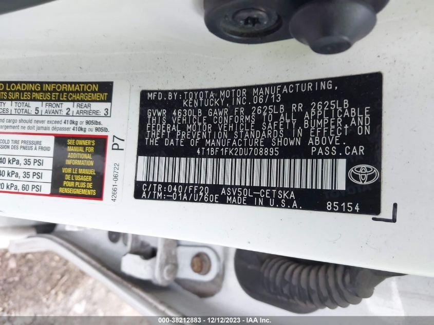 2013 TOYOTA CAMRY L/SE/LE/XLE - 4T1BF1FK2DU708895