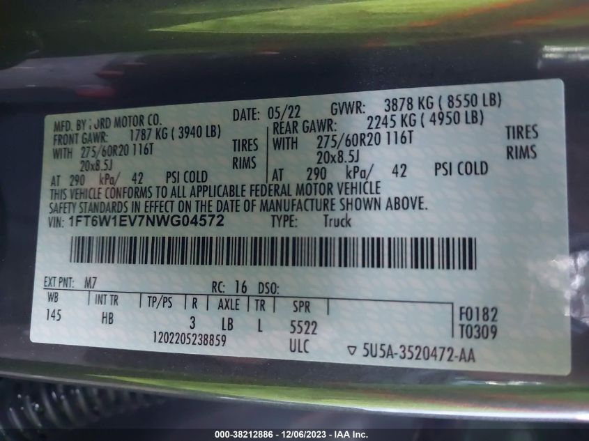 2022 FORD F-150 LIGHTNING LARIAT 1FT6W1EV7NWG04572