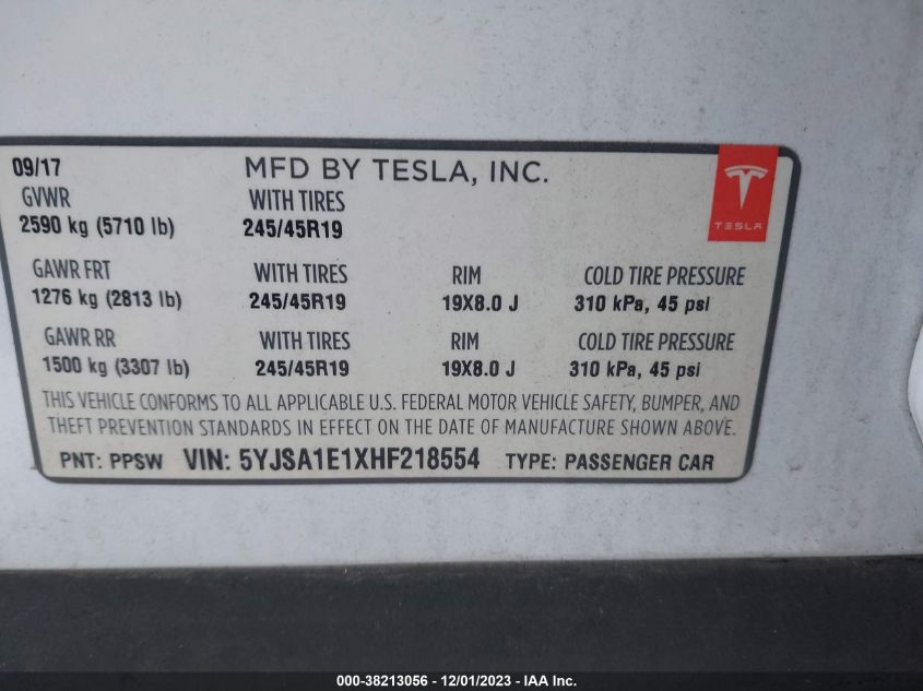 2017 TESLA MODEL S 60/75 - 5YJSA1E1XHF218554