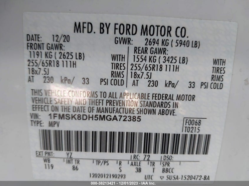 VIN 1FMSK8DH5MGA72385 2021 FORD EXPLORER XLT