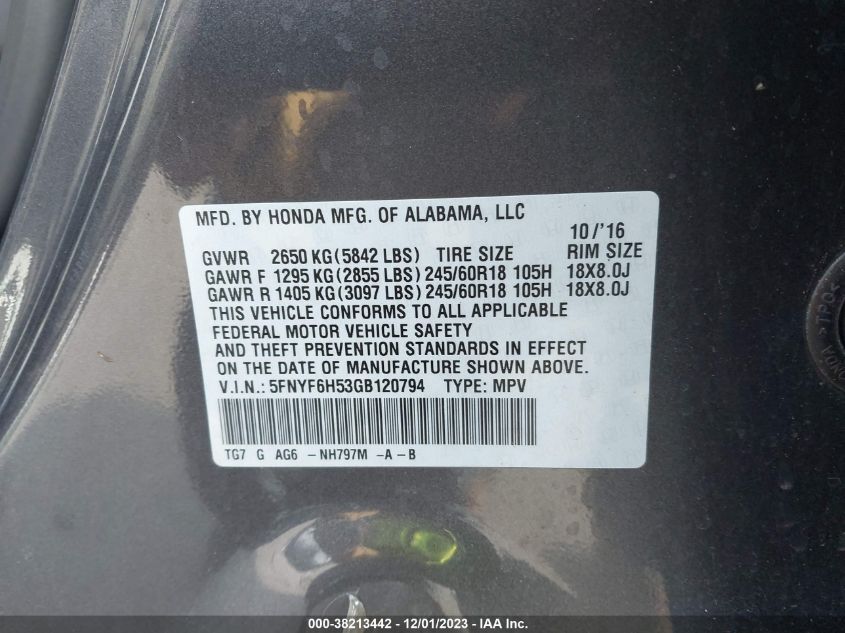 2016 HONDA PILOT EXL - 5FNYF6H53GB120794