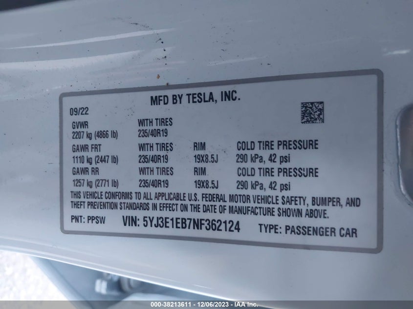 VIN 5YJ3E1EB7NF362124 2022 TESLA MODEL 3