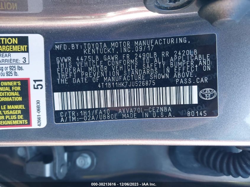 2018 TOYOTA CAMRY LE - 4T1B11HK7JU526875
