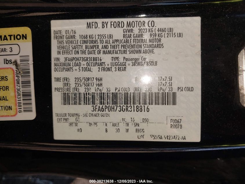 2016 FORD FUSION SE - 3FA6P0H73GR318816