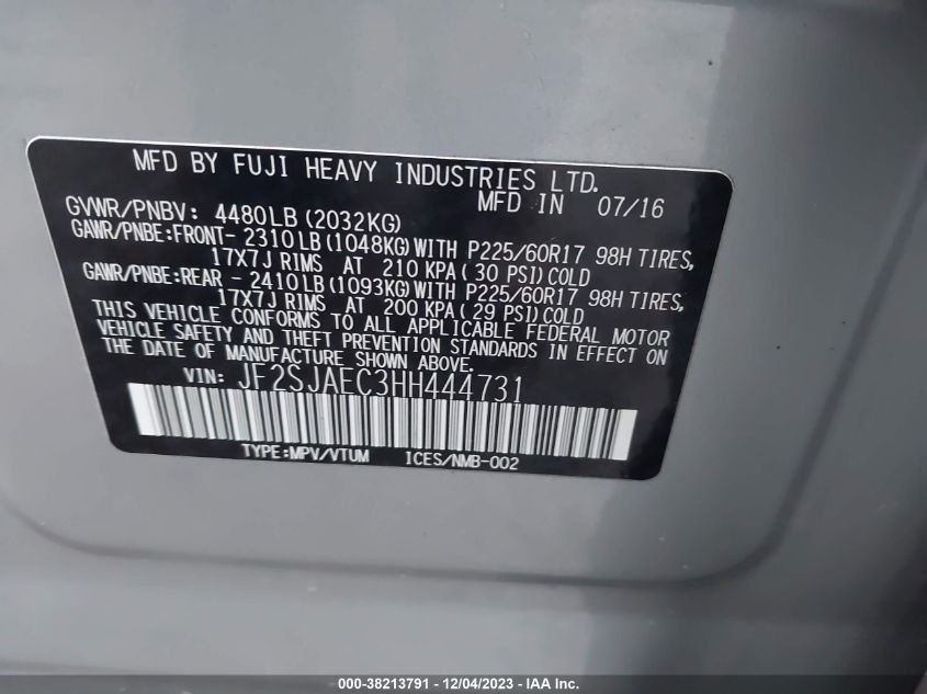2017 SUBARU FORESTER 2.5I PREMIUM - JF2SJAEC3HH444731