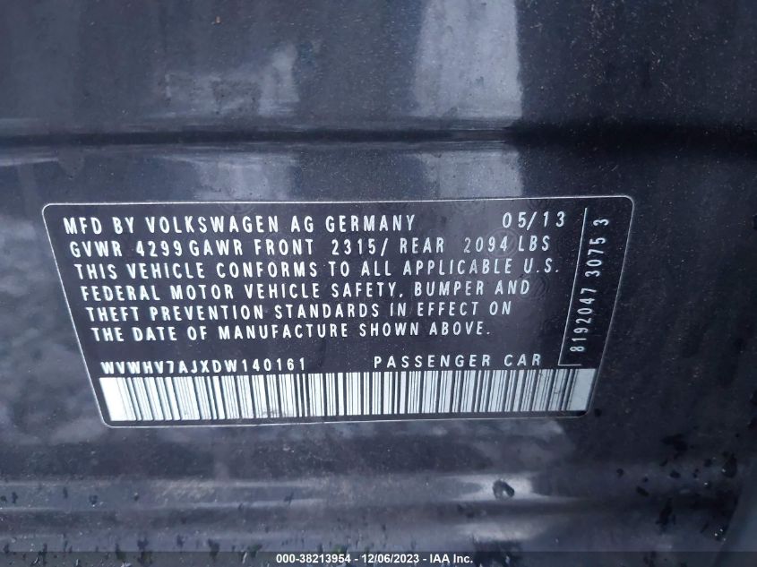 2013 VOLKSWAGEN GTI - WVWHV7AJXDW140161
