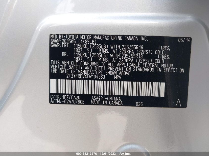 2014 TOYOTA RAV4 LIMITED - 2T3YFREVXEW104363