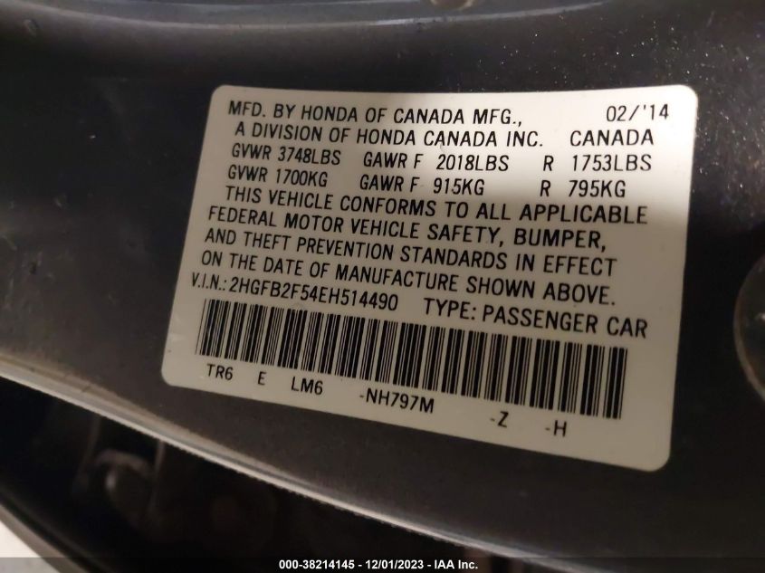 2014 HONDA CIVIC LX - 2HGFB2F54EH514490