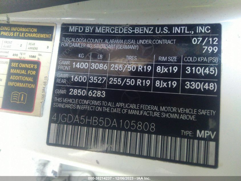 2013 MERCEDES-BENZ ML 350 4MATIC 4JGDA5HB5DA105808