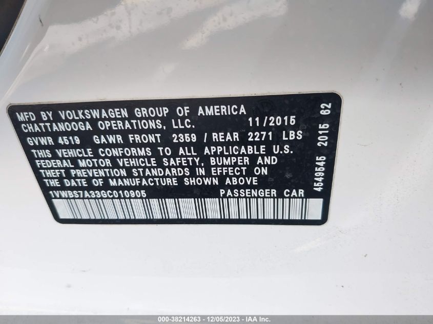 2016 VOLKSWAGEN PASSAT SE - 1VWBS7A33GC010905