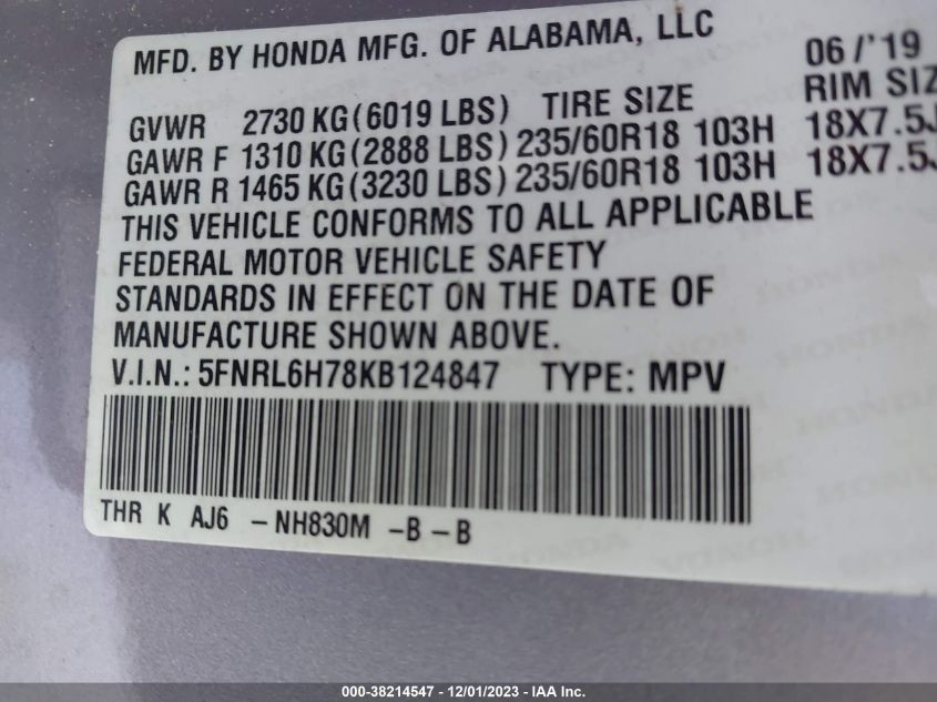 5FNRL6H78KB124847 2019 HONDA ODYSSEY, photo no. 9