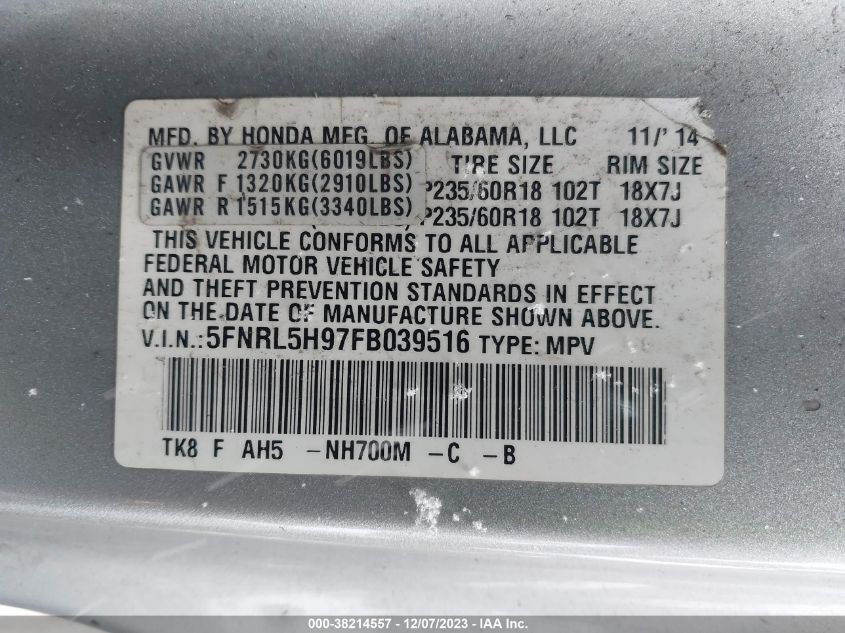 2015 HONDA ODYSSEY TOURING/TOURING ELITE - 5FNRL5H97FB039516