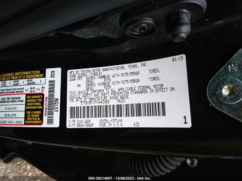 2015 TOYOTA TUNDRA 4WD TRUCK LTD 5TFBY5F17FX443969