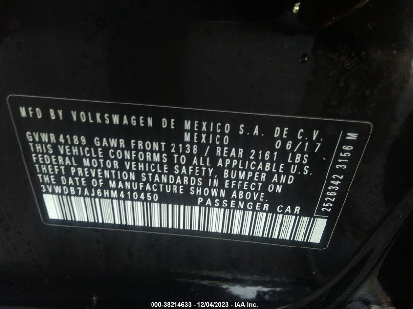 2017 VOLKSWAGEN JETTA 1.4T SE - 3VWDB7AJ6HM410450
