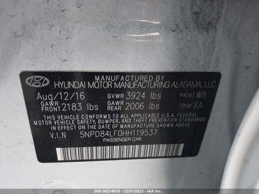 VIN 5NPD84LF0HH119537 2017 HYUNDAI ELANTRA SE/VALUE/LIMITED