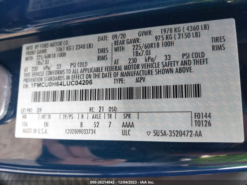 2020 FORD ESCAPE SEL - 1FMCU0H64LUC04206