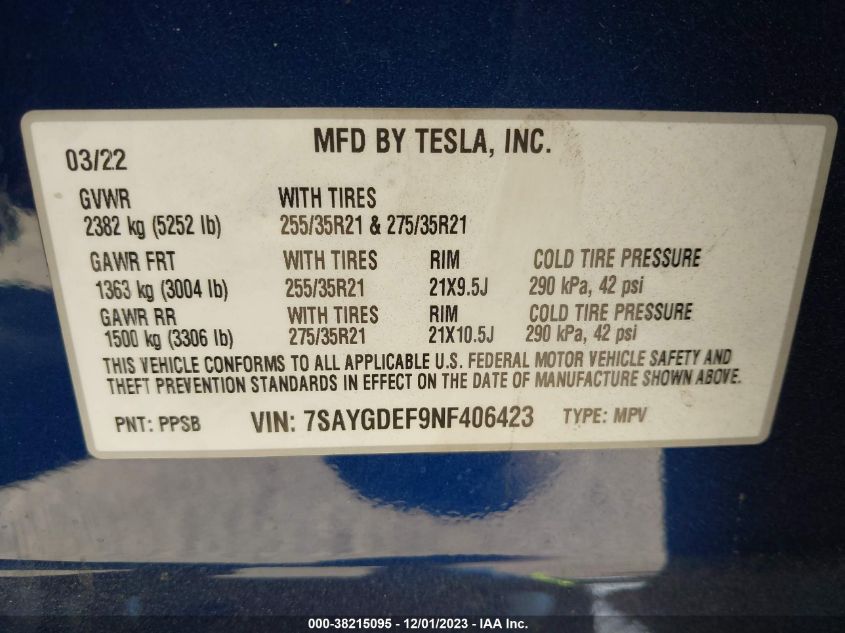 2022 TESLA MODEL Y PERFORMANCE DUAL MOTOR - 7SAYGDEF9NF406423