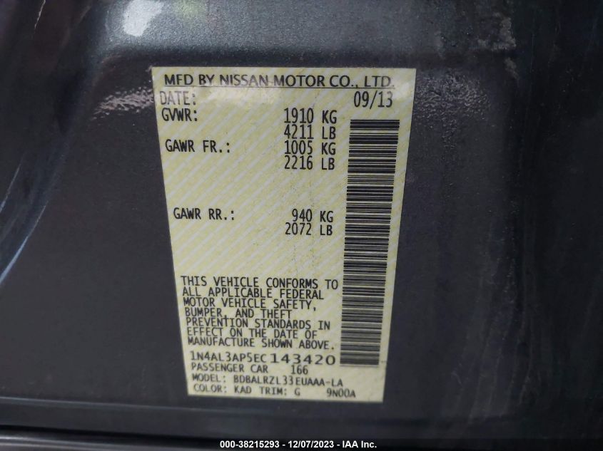 2014 NISSAN ALTIMA 2.5/S/SV/SL - 1N4AL3AP5EC143420