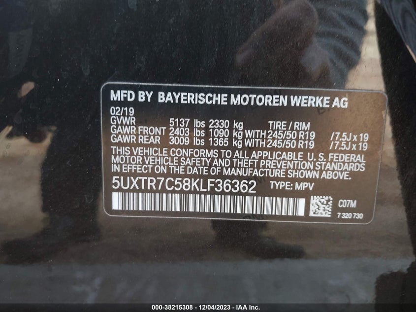 VIN 5UXTR7C58KLF36362 2019 BMW X3 SDRIVE30I