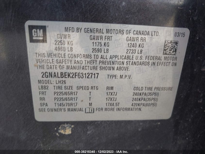 2015 CHEVROLET EQUINOX LT - 2GNALBEK2F6312717