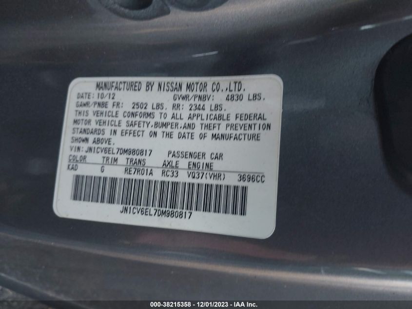 2013 INFINITI G37X X JN1CV6EL7DM980817
