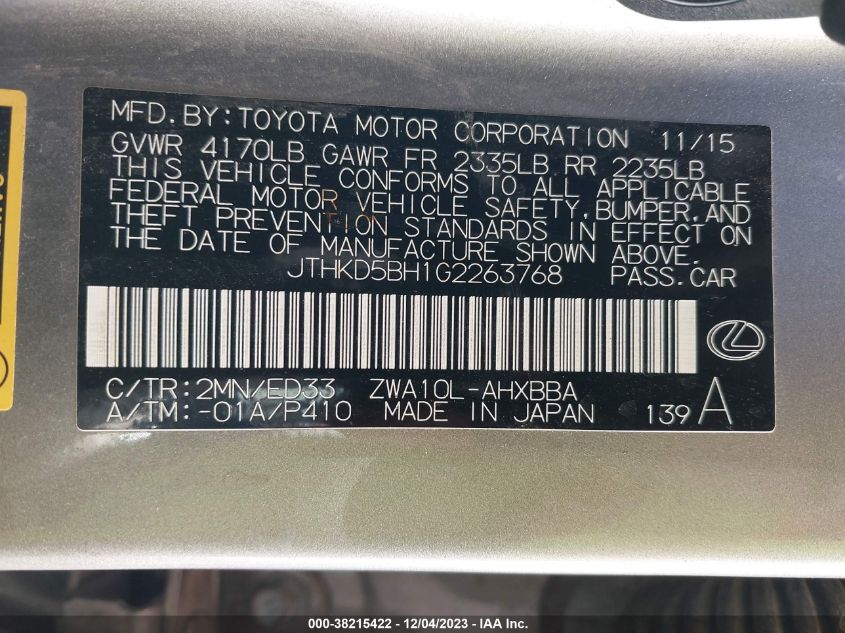 2016 LEXUS CT 200H HYBRID - JTHKD5BH1G2263768