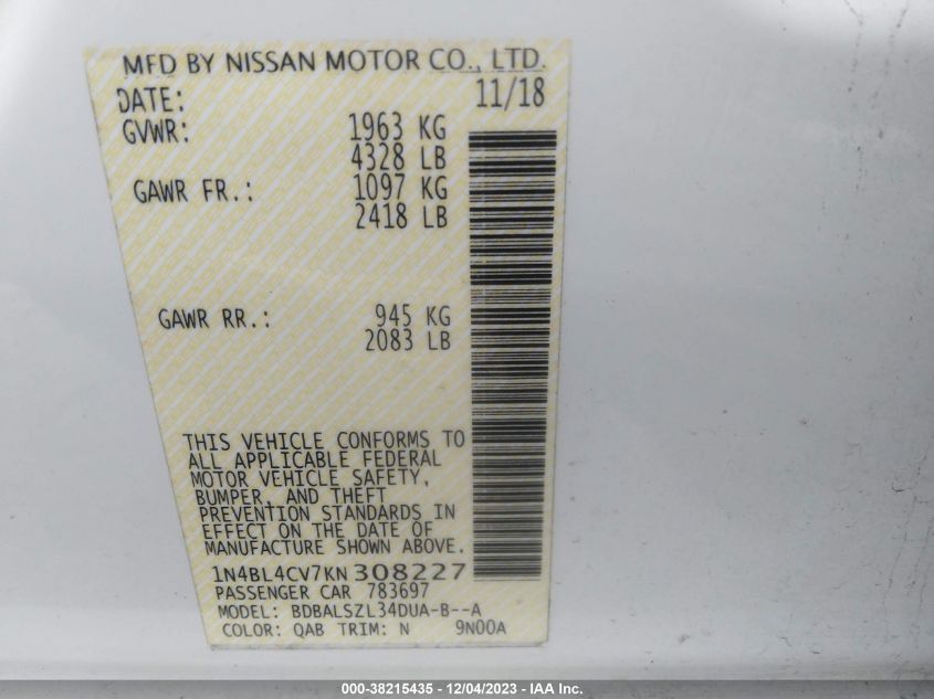 2019 NISSAN ALTIMA SR - 1N4BL4CV7KN308227