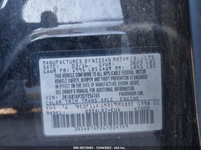 2016 NISSAN SENTRA S/SV/SR/SL - 3N1AB7AP2GY254749