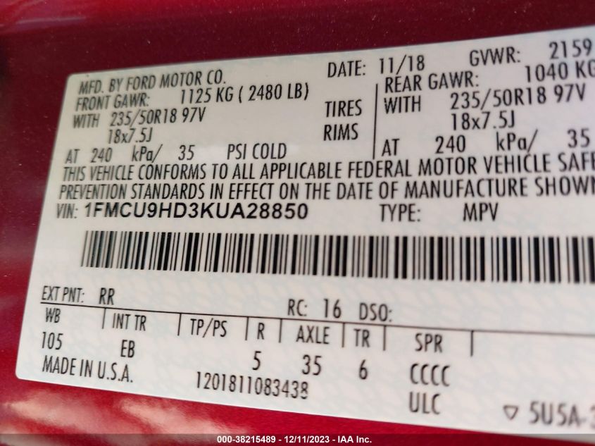 1FMCU9HD3KUA28850 2019 FORD ESCAPE, photo no. 9