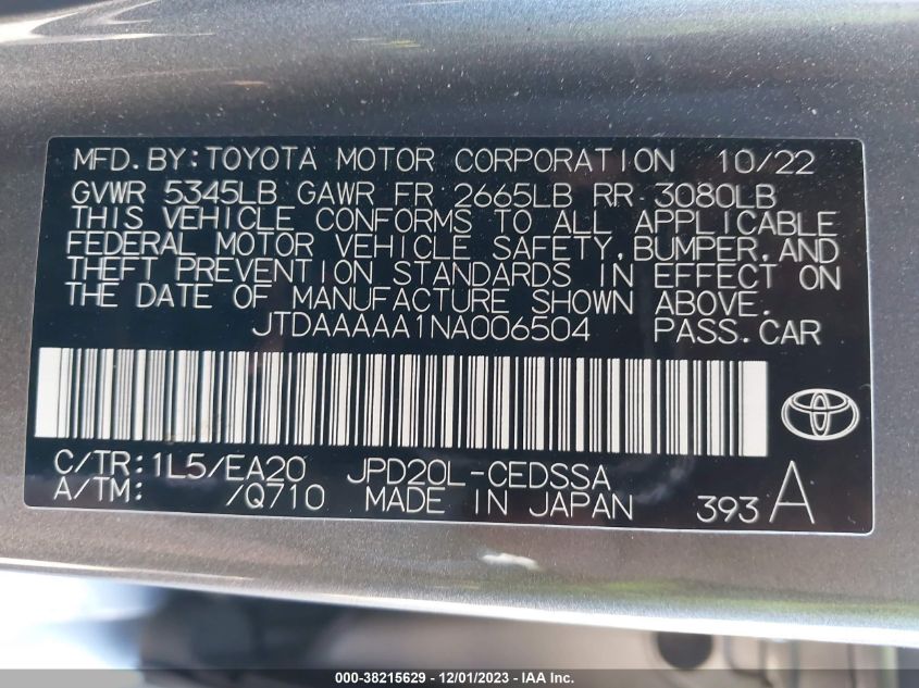 2022 TOYOTA MIRAI XLE JTDAAAAA1NA006504