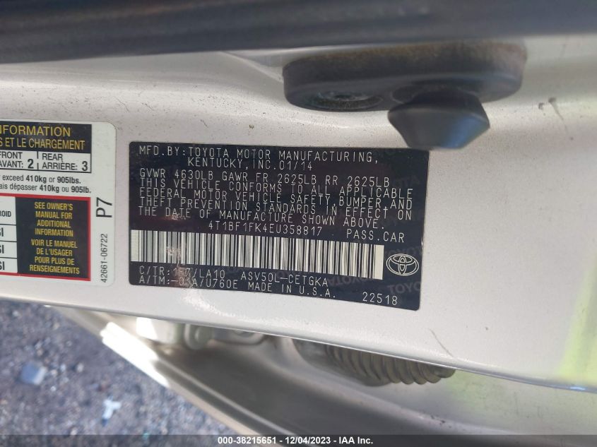 2014 TOYOTA CAMRY XLE - 4T1BF1FK4EU358817