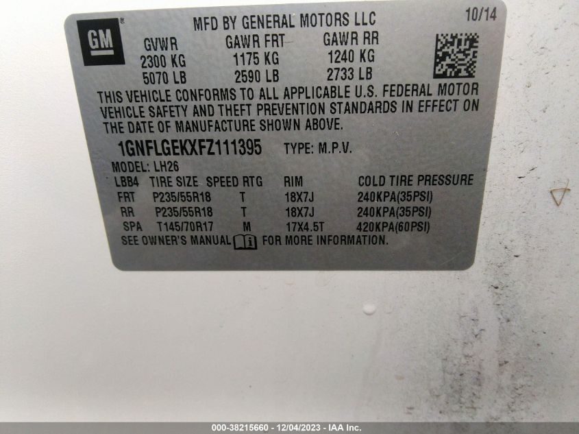 2015 CHEVROLET EQUINOX 2LT - 1GNFLGEKXFZ111395