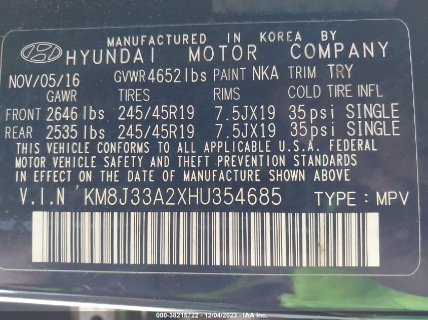 2017 HYUNDAI TUCSON LIMITED/SPORT AND ECO/SE - KM8J33A2XHU354685