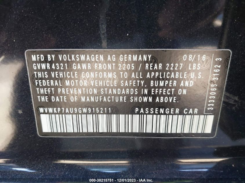 2016 VOLKSWAGEN E-GOLF SE - WVWKP7AU9GW915211