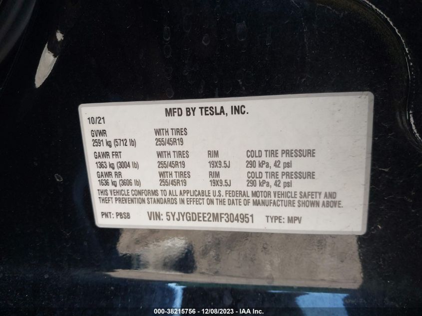 2021 TESLA MODEL Y - 5YJYGDEE2MF304951