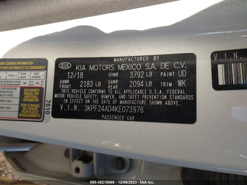 2019 KIA FORTE LXS - 3KPF24AD4KE073976